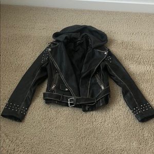 Black leather jacket with detachable hood